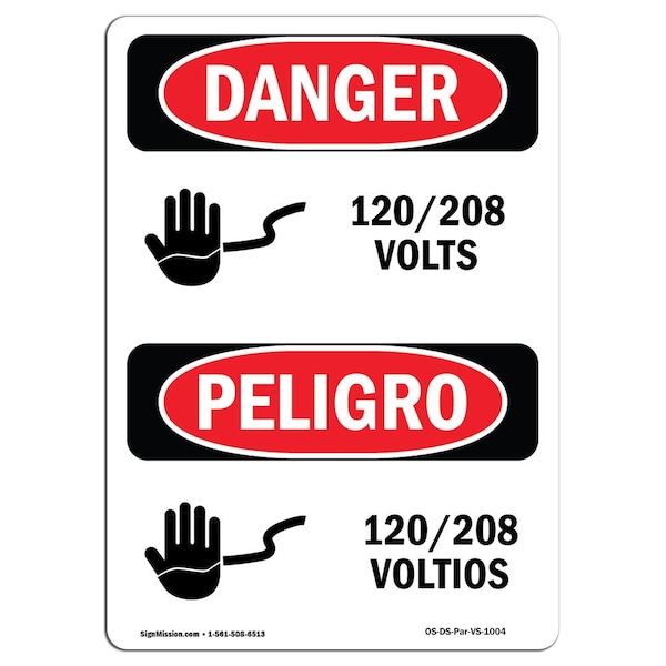 Safety Sign, OSHA Danger, 5" Height, 120 208 Volts Bilingual Spanish, 10PK